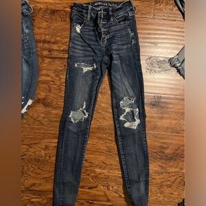 American Eagle Outfitters Women's High Rise Distressed Dark Blue Jeans